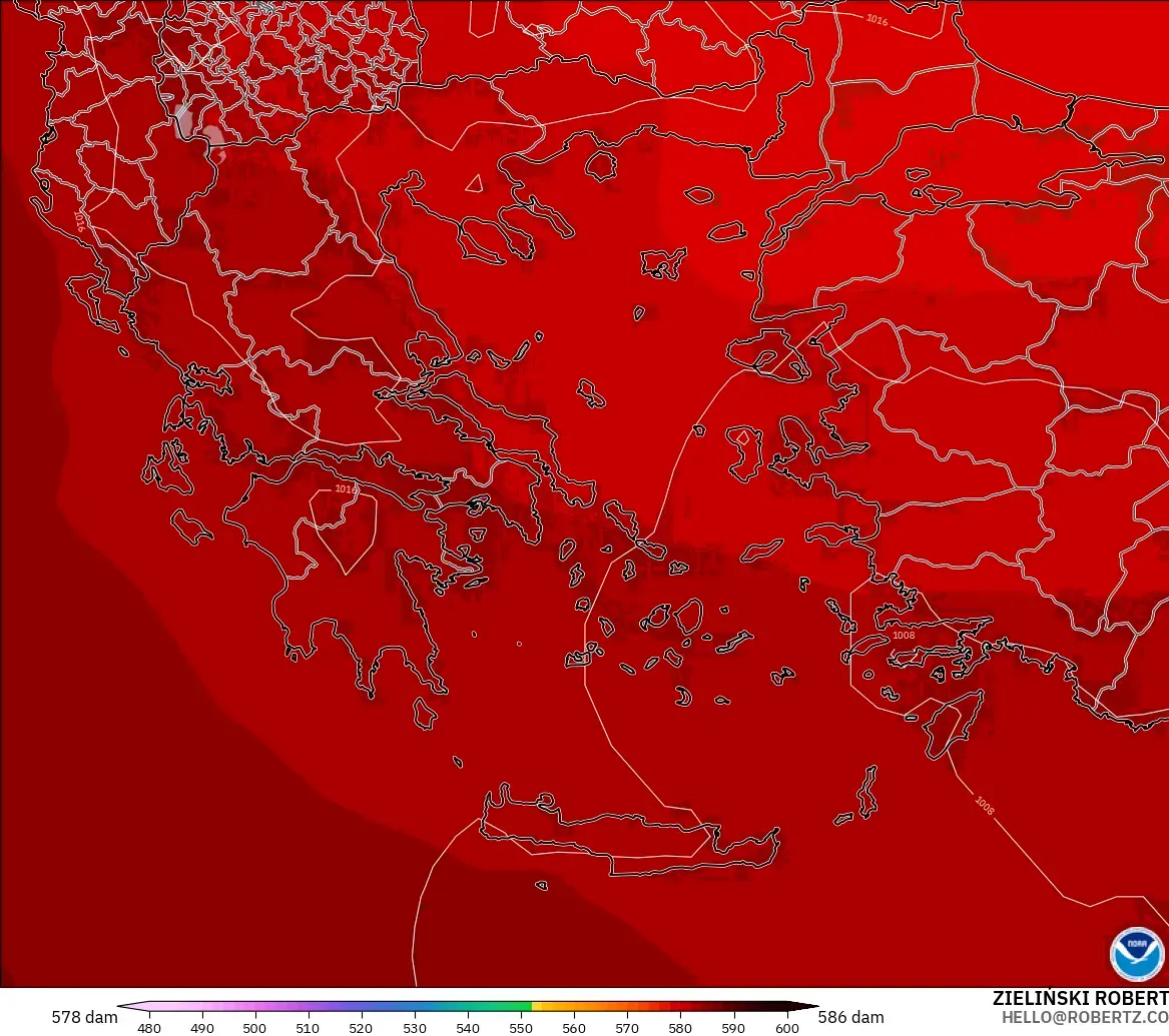 GFS モデル - ギリシャ, 500hPaのジオポテンシャル高度