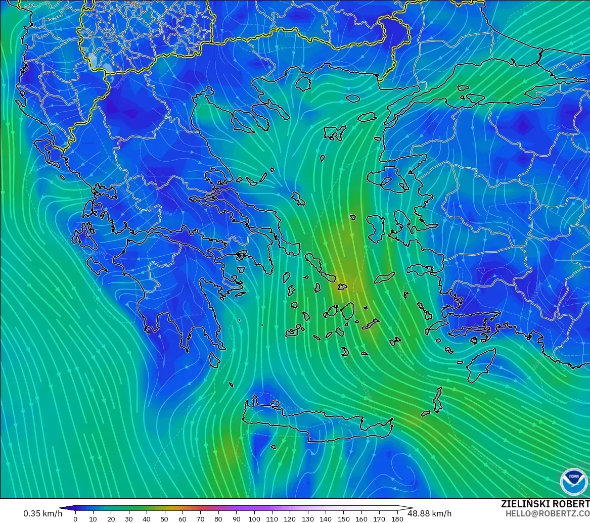 GFS モデル - ギリシャ, 風速（10m）