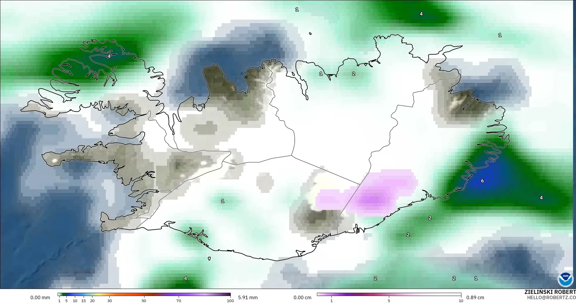 GFS モデル - アイスランド, 降水量、雲、気圧
