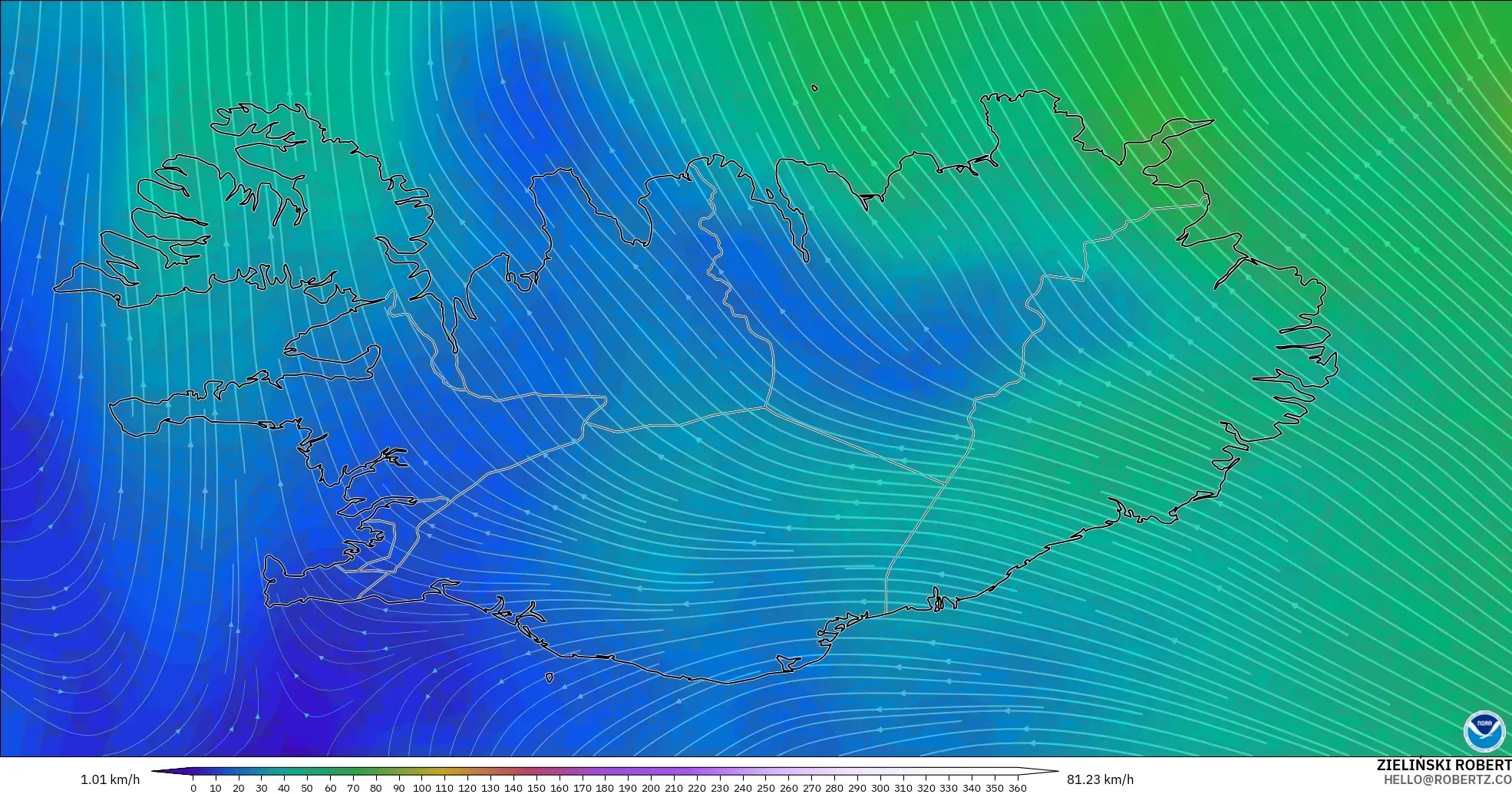 GFS モデル - アイスランド, 風速（300hPa）