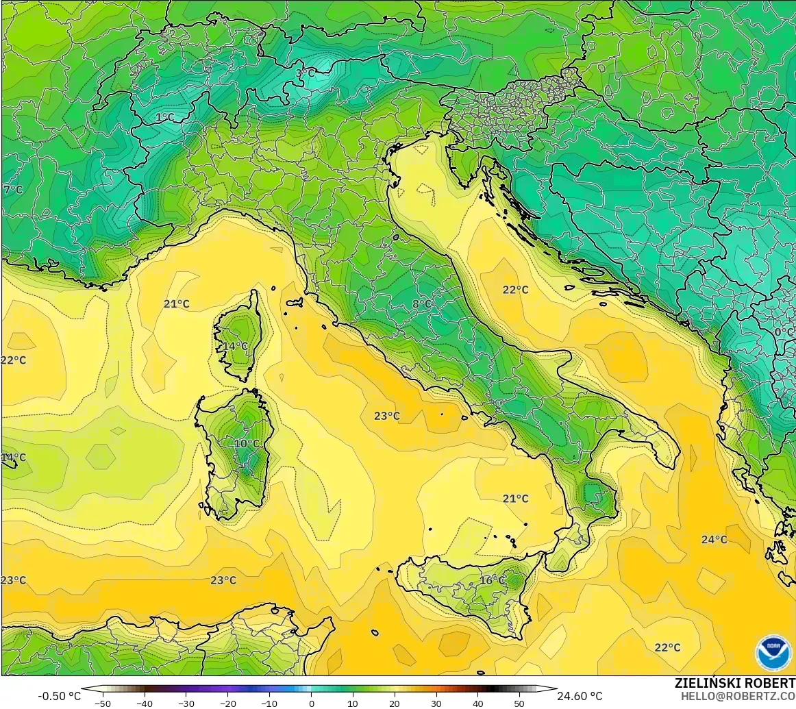 GFS モデル - イタリア, 露点温度（2m）