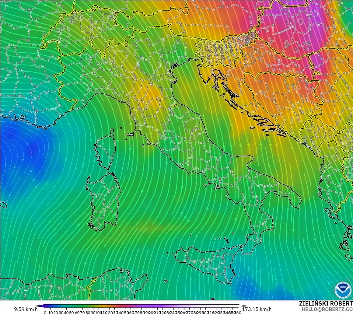 GFS モデル - イタリア, 風速（300hPa）