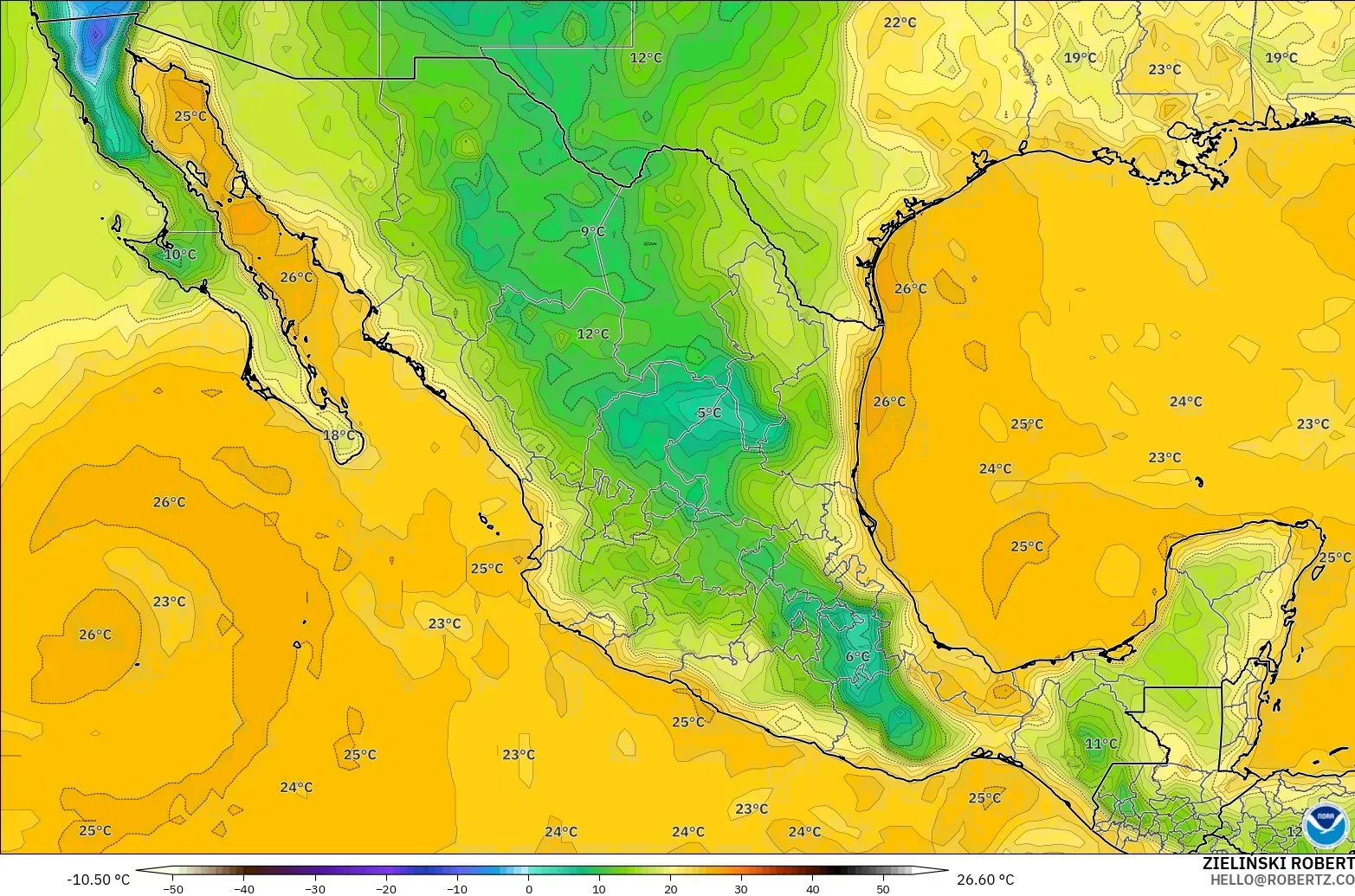 GFS モデル - メキシコ, 露点温度（2m）