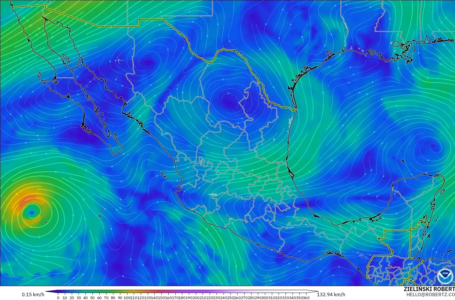 GFS モデル - メキシコ, 風速（300hPa）