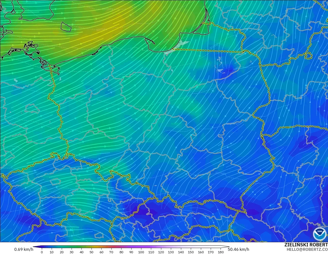 GFS モデル - ポーランド, 風速（10m）