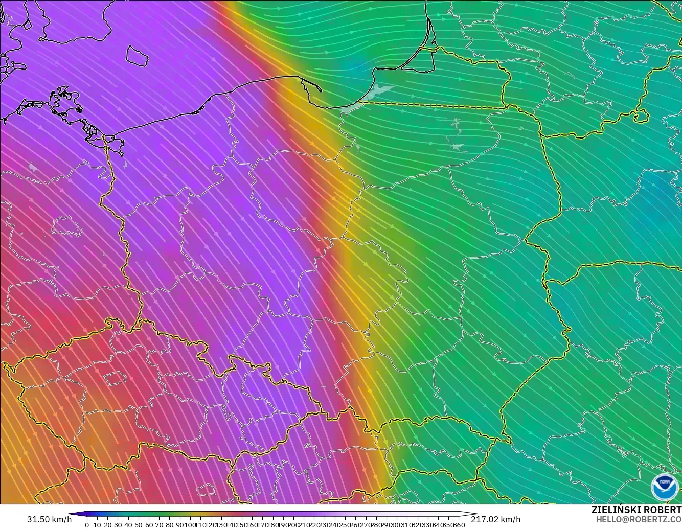 GFS モデル - ポーランド, 風速（300hPa）