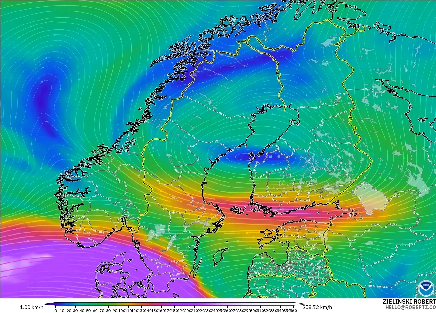 GFS モデル - スカンジナビア, 風速（300hPa）