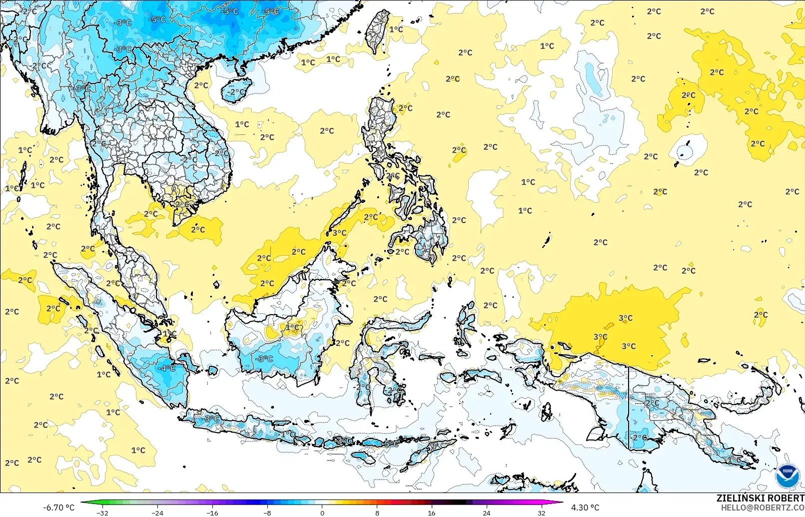 GFS モデル - 東南アジア, 気温異常（2m）
