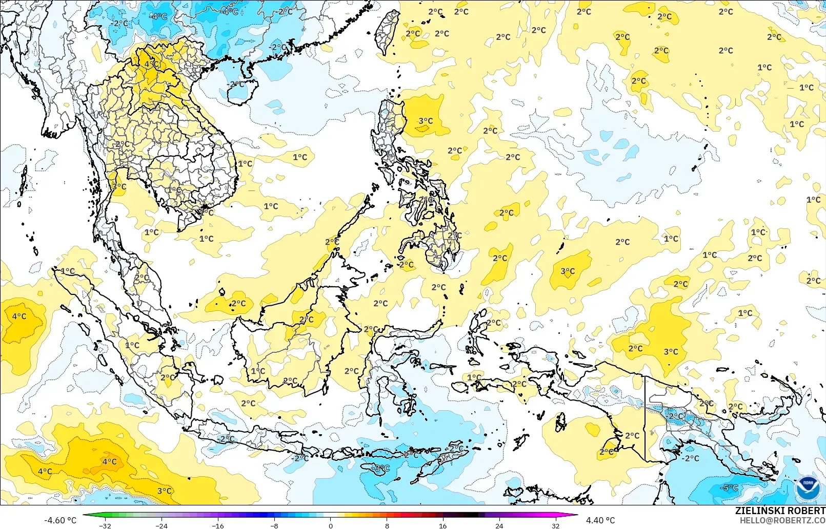 GFS モデル - 東南アジア, 気温異常（850hPa）
