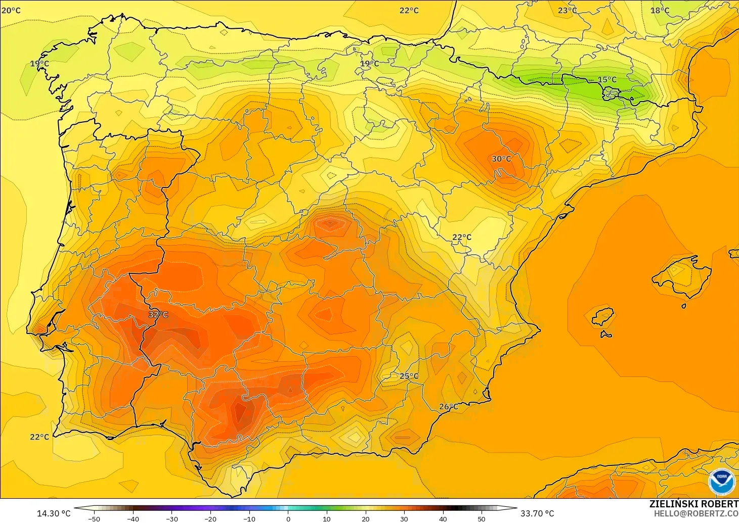 GFS モデル - スペイン, 気温（2m）