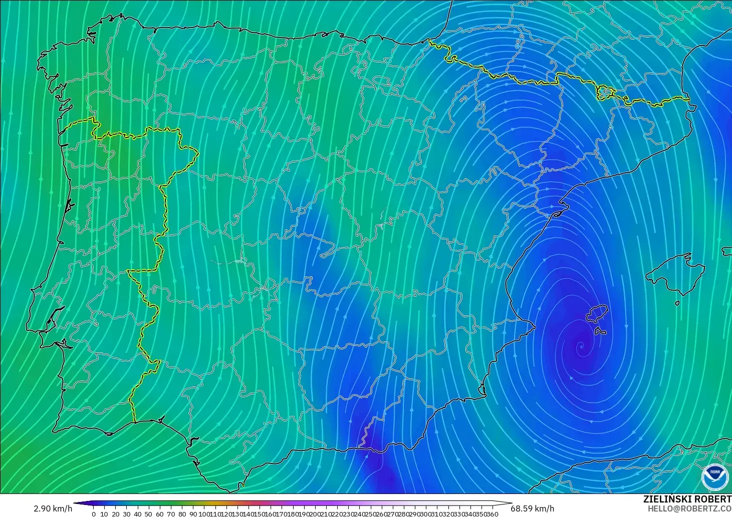 GFS モデル - スペイン, 風速（300hPa）