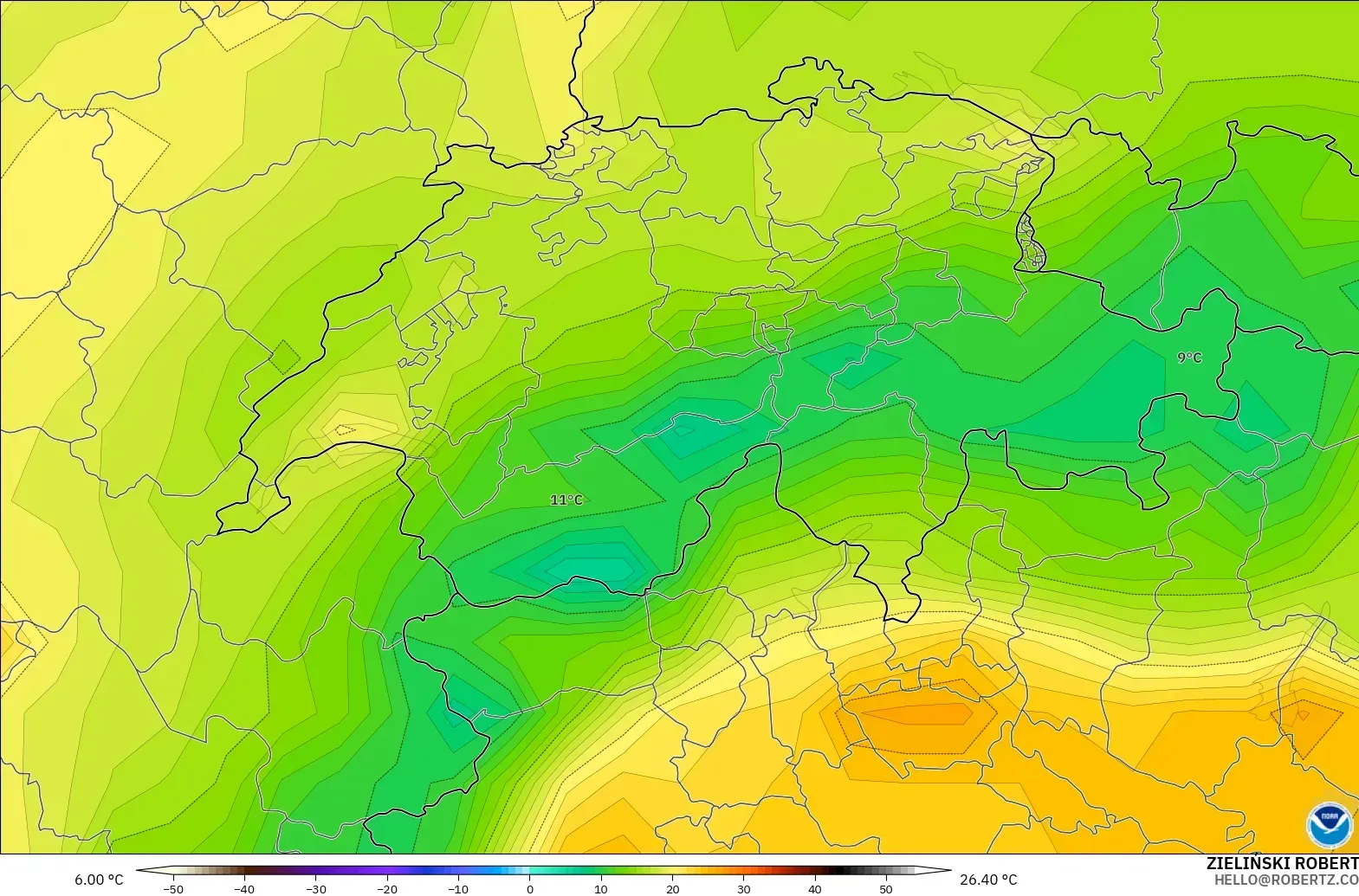 GFS モデル - スイス, 気温（2m）