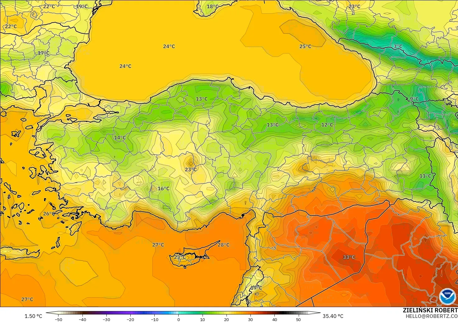GFS モデル - トルコ, 気温（2m）