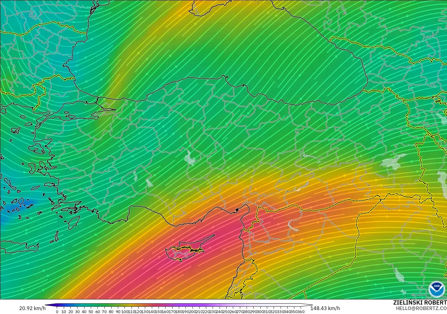 GFS モデル - トルコ, 風速（300hPa）