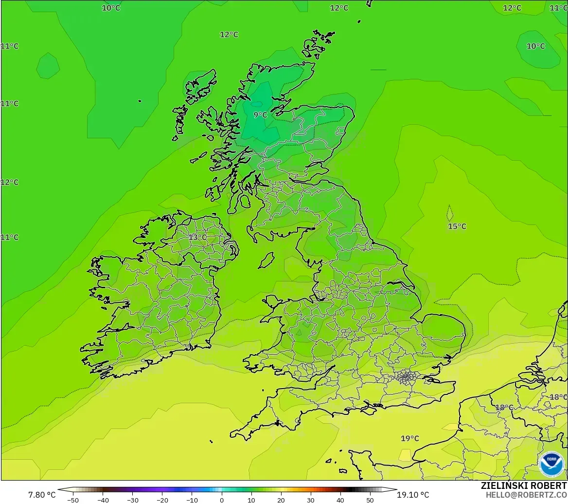 GFS モデル - イギリス, 露点温度（2m）