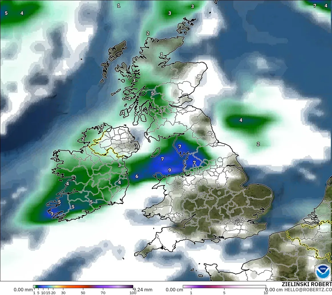 GFS モデル - イギリス, 降水量、雲、気圧