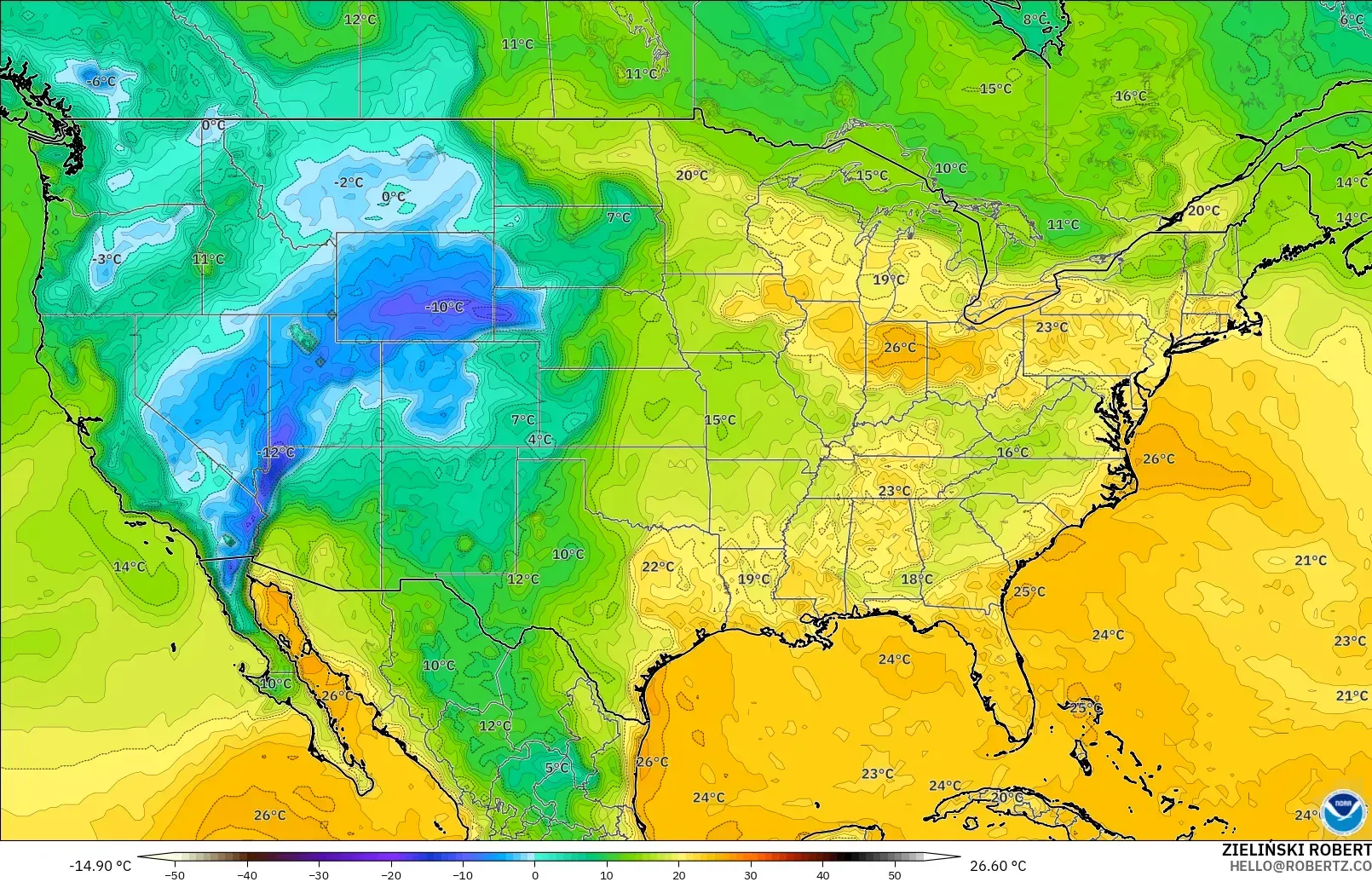 GFS モデル - アメリカ合衆国, 露点温度（2m）