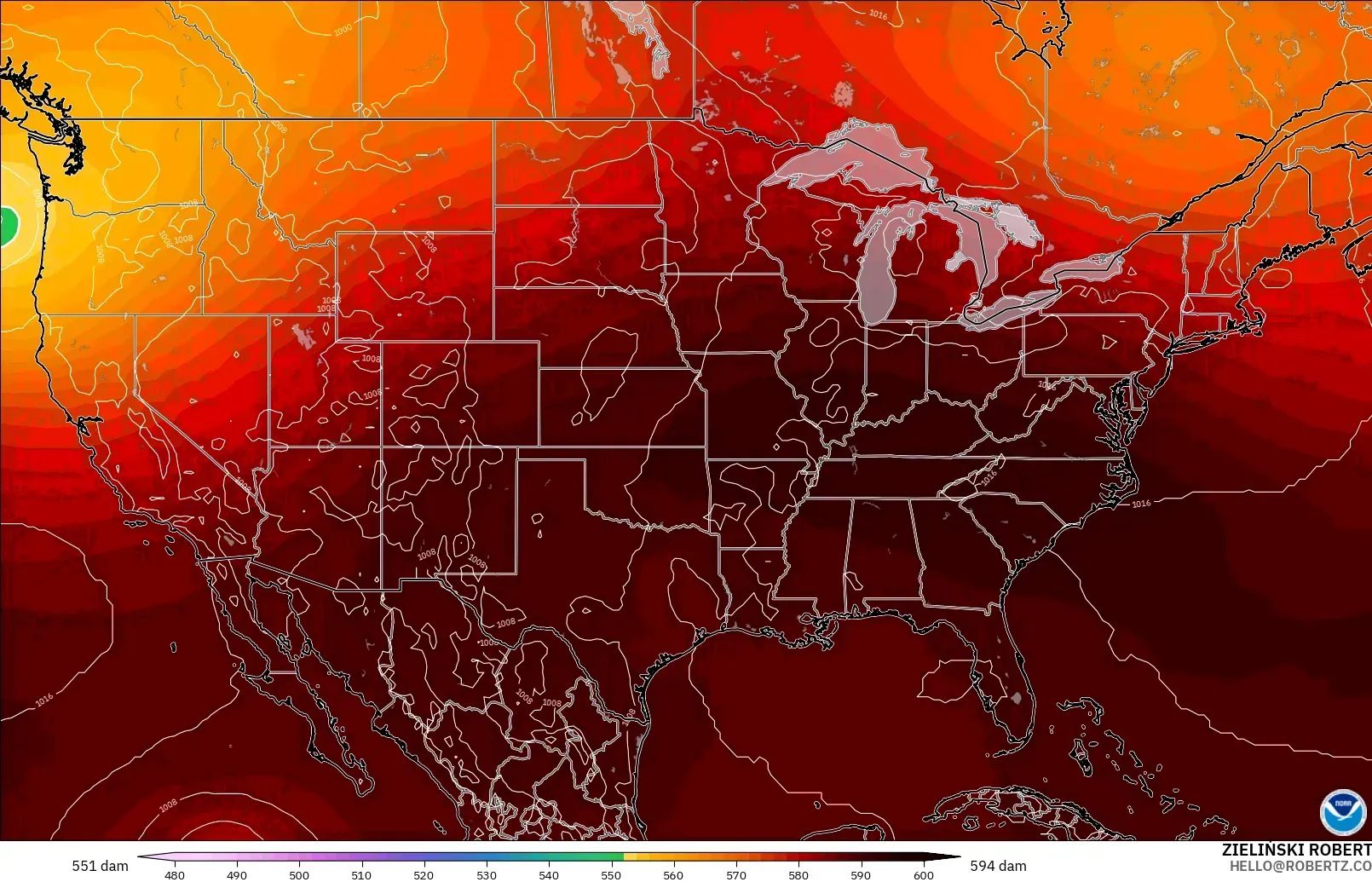 GFS モデル - アメリカ合衆国, 500hPaのジオポテンシャル高度