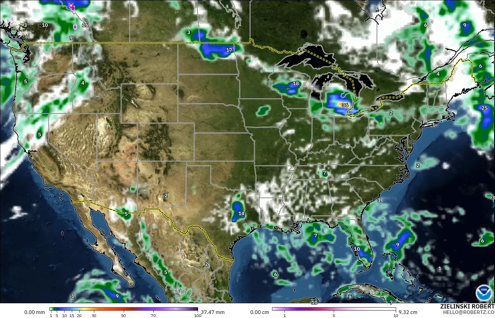GFS モデル - アメリカ合衆国, 降水量、雲、気圧