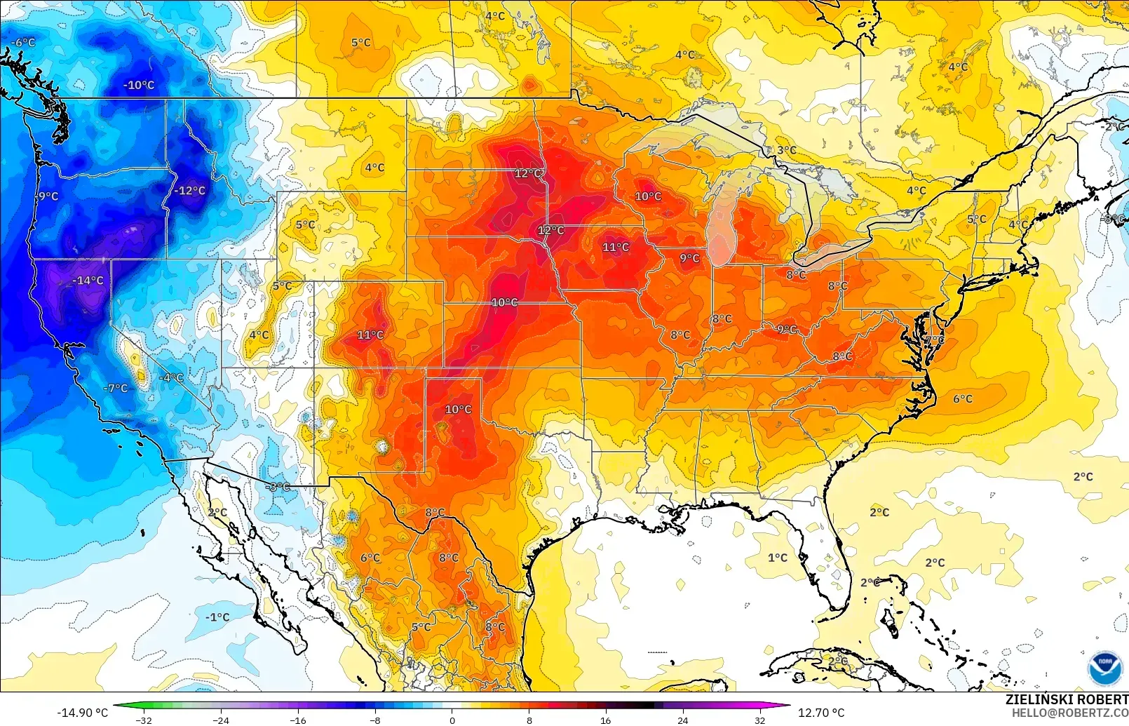 GFS モデル - アメリカ合衆国, 気温異常（850hPa）
