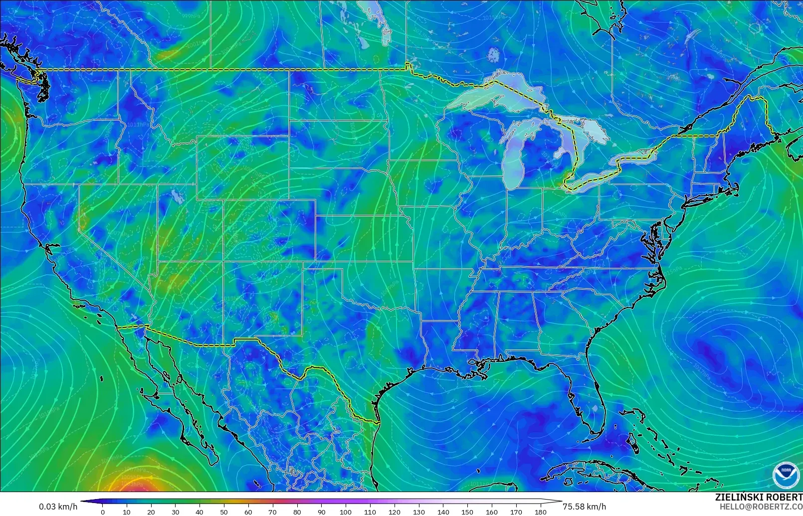 GFS モデル - アメリカ合衆国, 風速（10m）