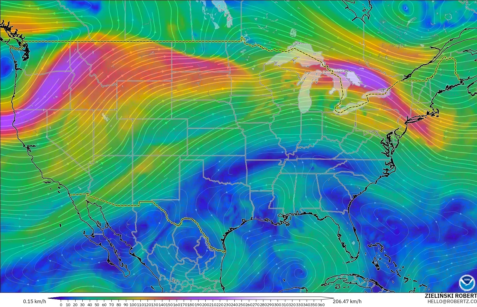 GFS モデル - アメリカ合衆国, 風速（300hPa）