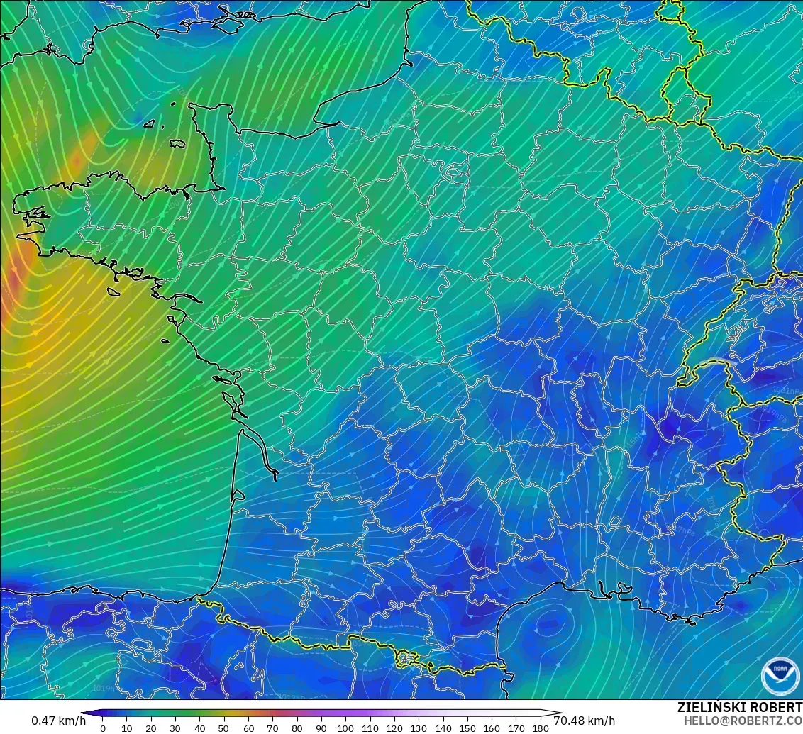 GFS モデル - フランス, 風速（10m）