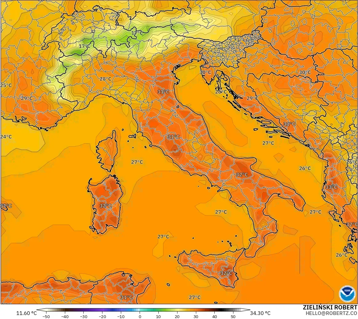 GFS モデル - イタリア, 気温（2m）