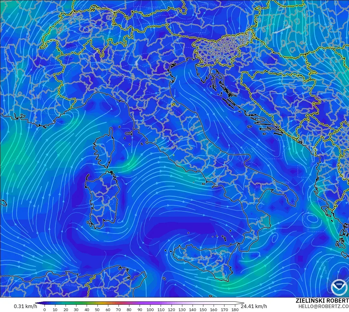 GFS モデル - イタリア, 風速（10m）