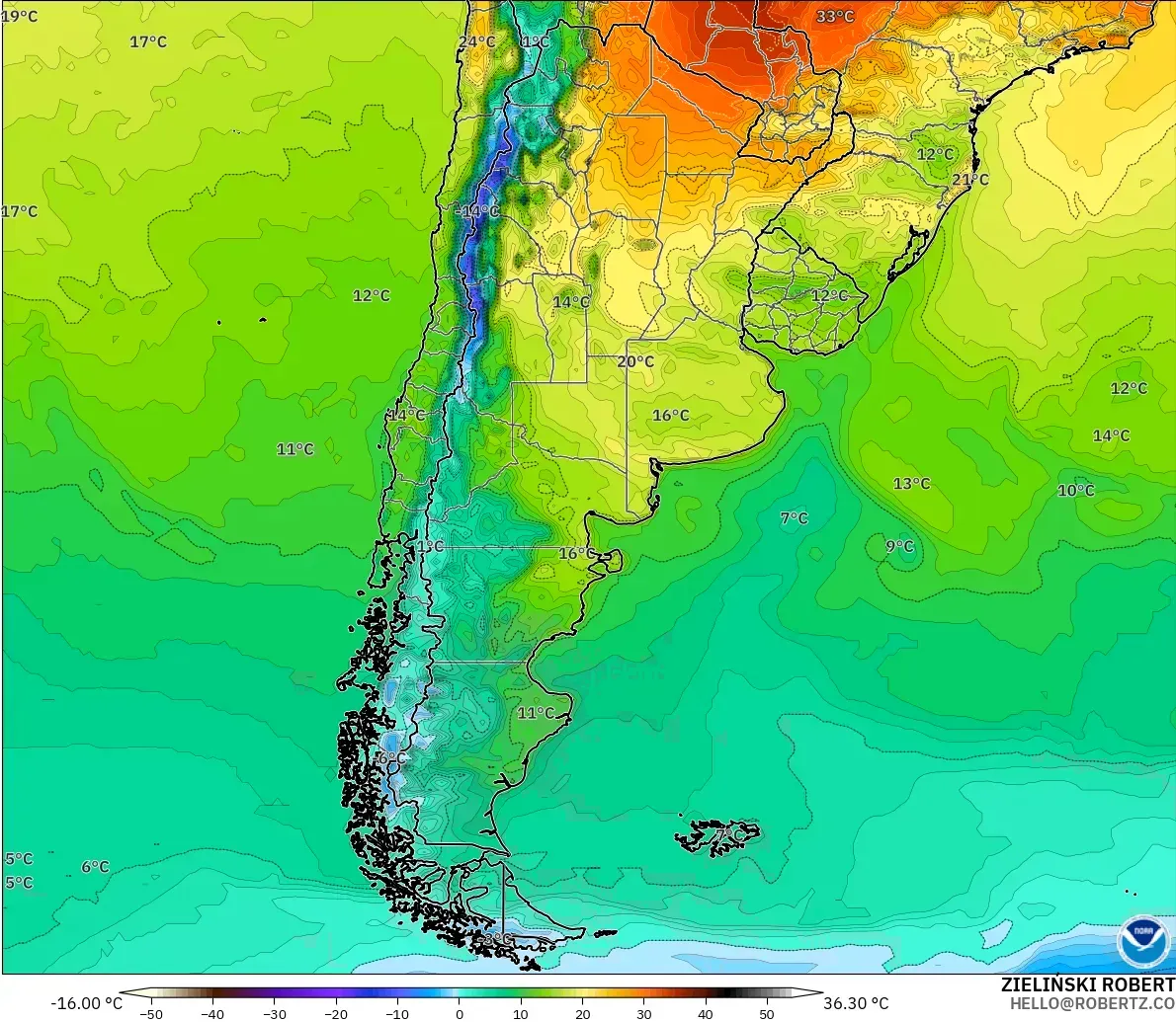 GFS モデル - アルゼンチン, 気温（2m）