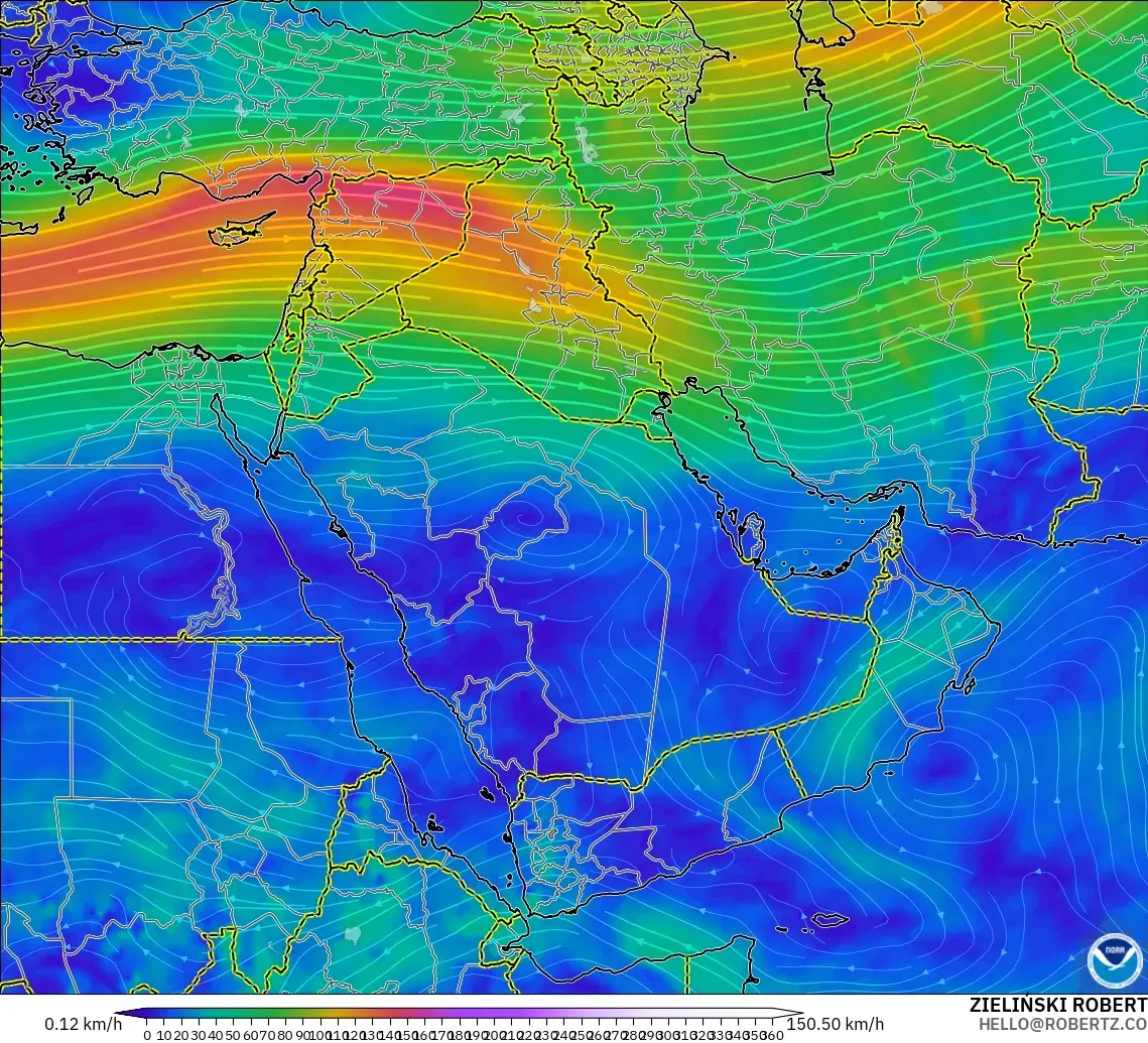 GFS モデル - 中東, 風速（300hPa）