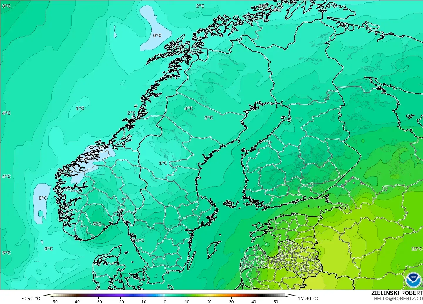 GFS モデル - スカンジナビア, 気温（850hPa）