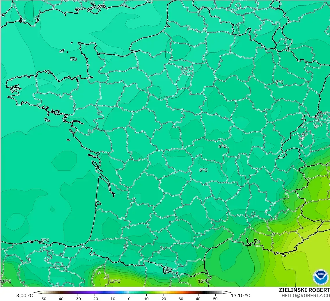GFS モデル - フランス, 気温（850hPa）