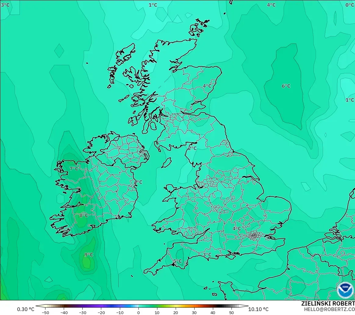 GFS モデル - イギリス, 気温（850hPa）