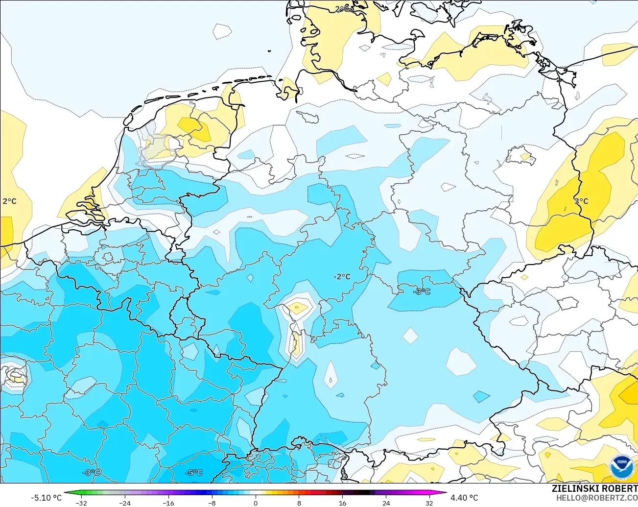 GFS モデル - ドイツ, 気温異常（2m）
