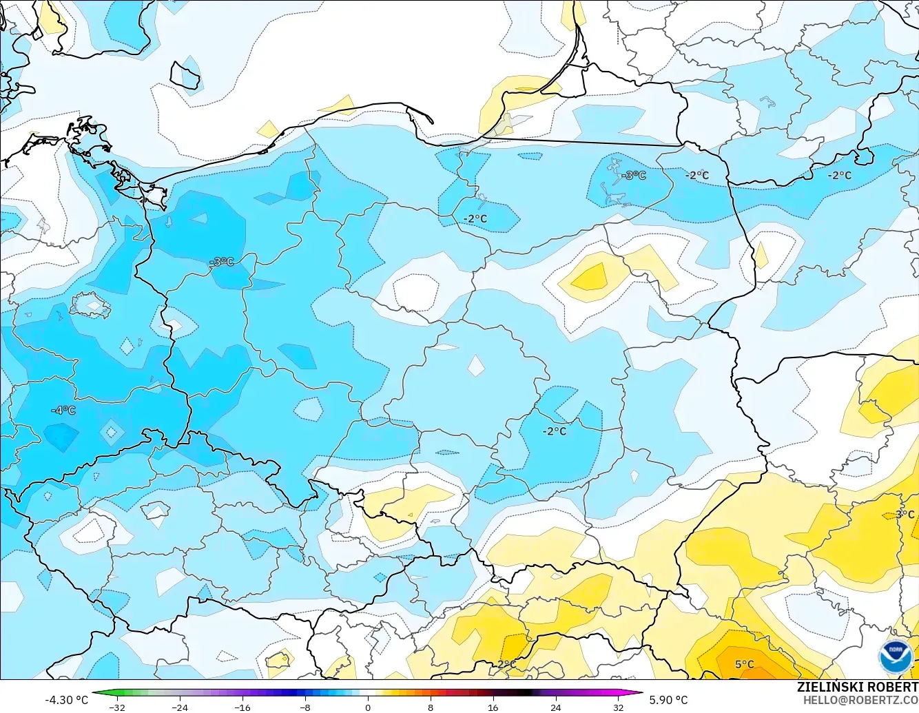 GFS モデル - ポーランド, 気温異常（2m）