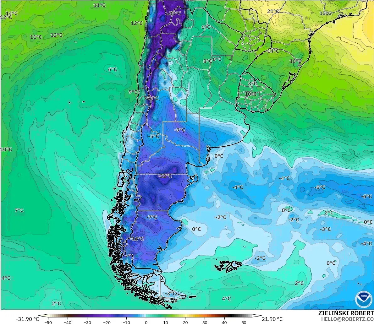 GFS モデル - アルゼンチン, 露点温度（2m）