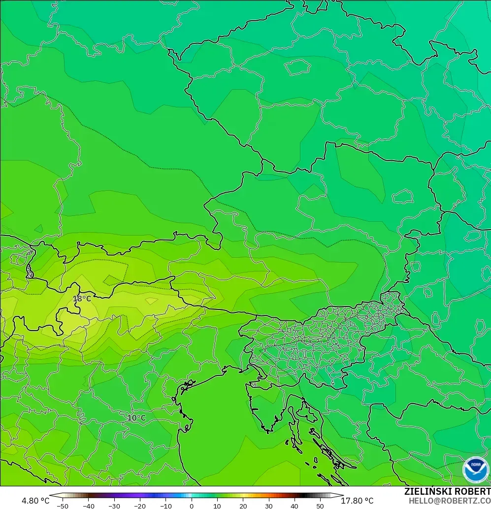 GFS モデル - オーストリア, 気温（850hPa）