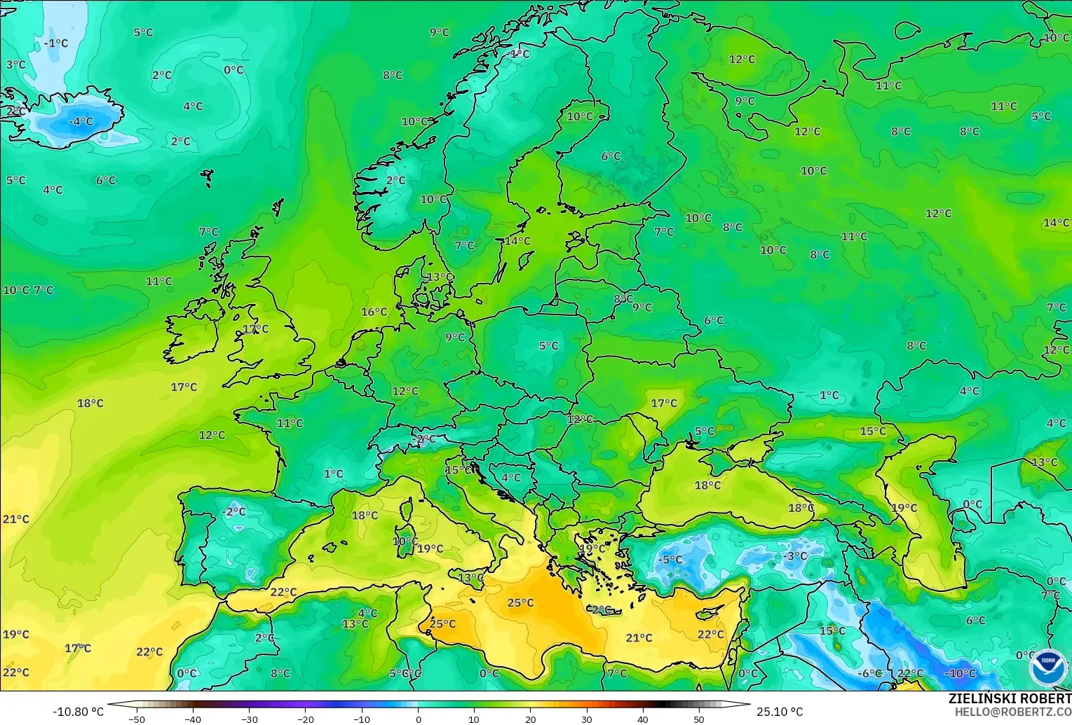 GFS モデル - ヨーロッパ, 露点温度（2m）