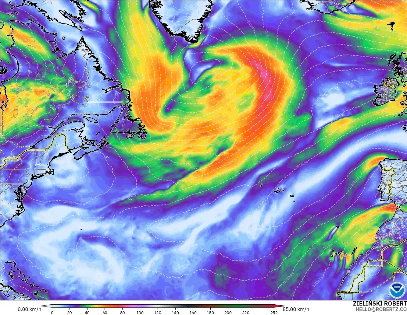 GFS モデル - 北大西洋, 突風（最大）