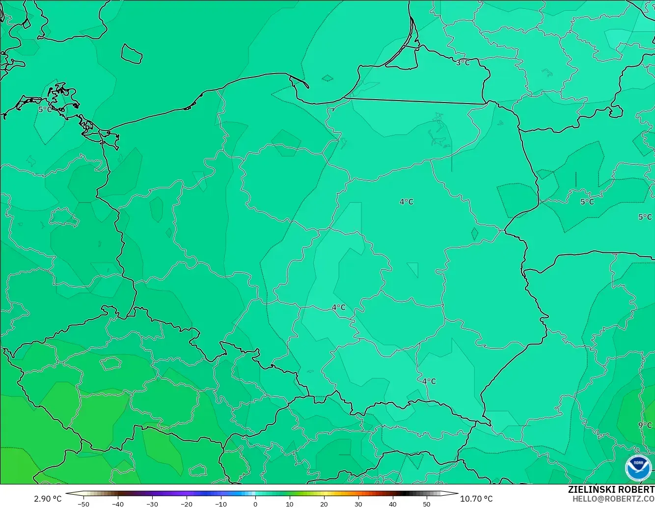 GFS モデル - ポーランド, 気温（850hPa）