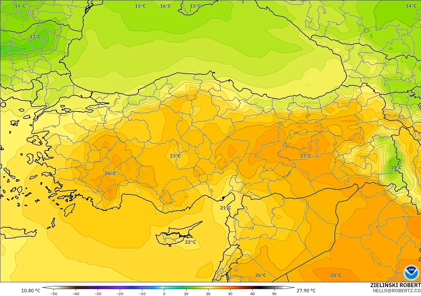 GFS モデル - トルコ, 気温（850hPa）
