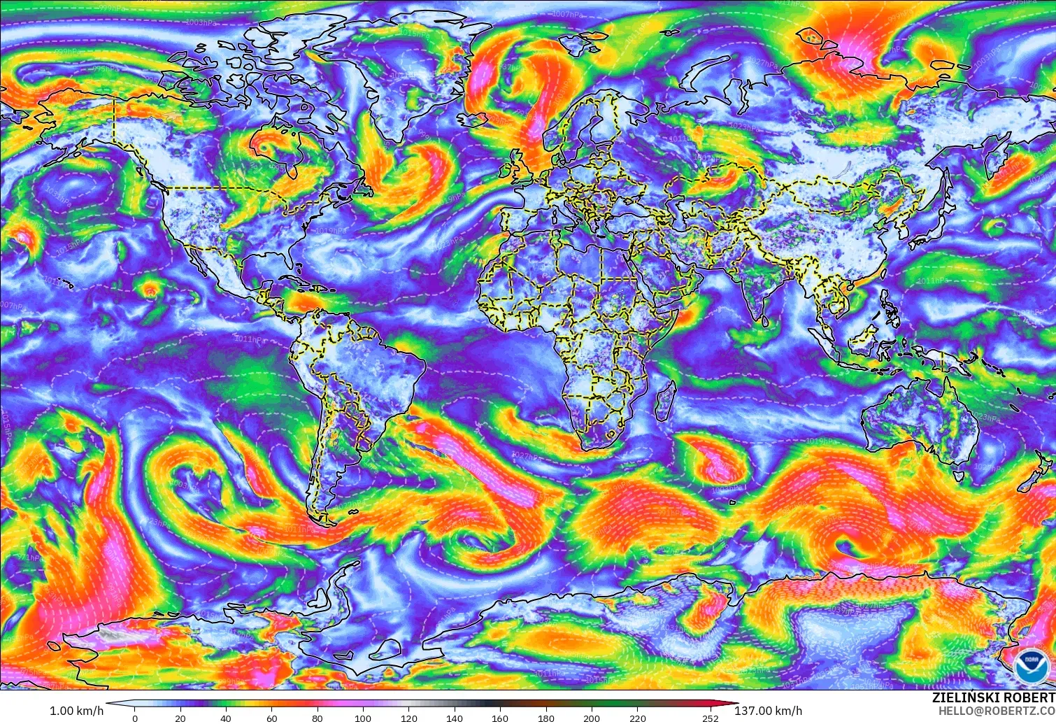 GFS モデル - 世界, 突風（最大）
