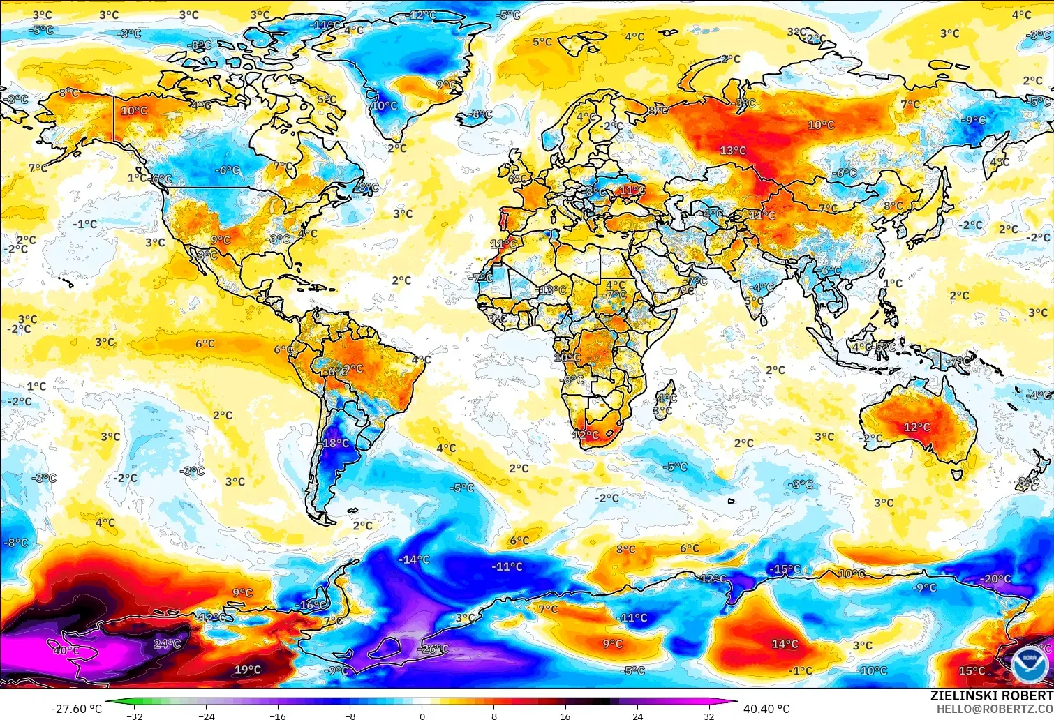 GFS モデル - 世界, 気温異常（2m）