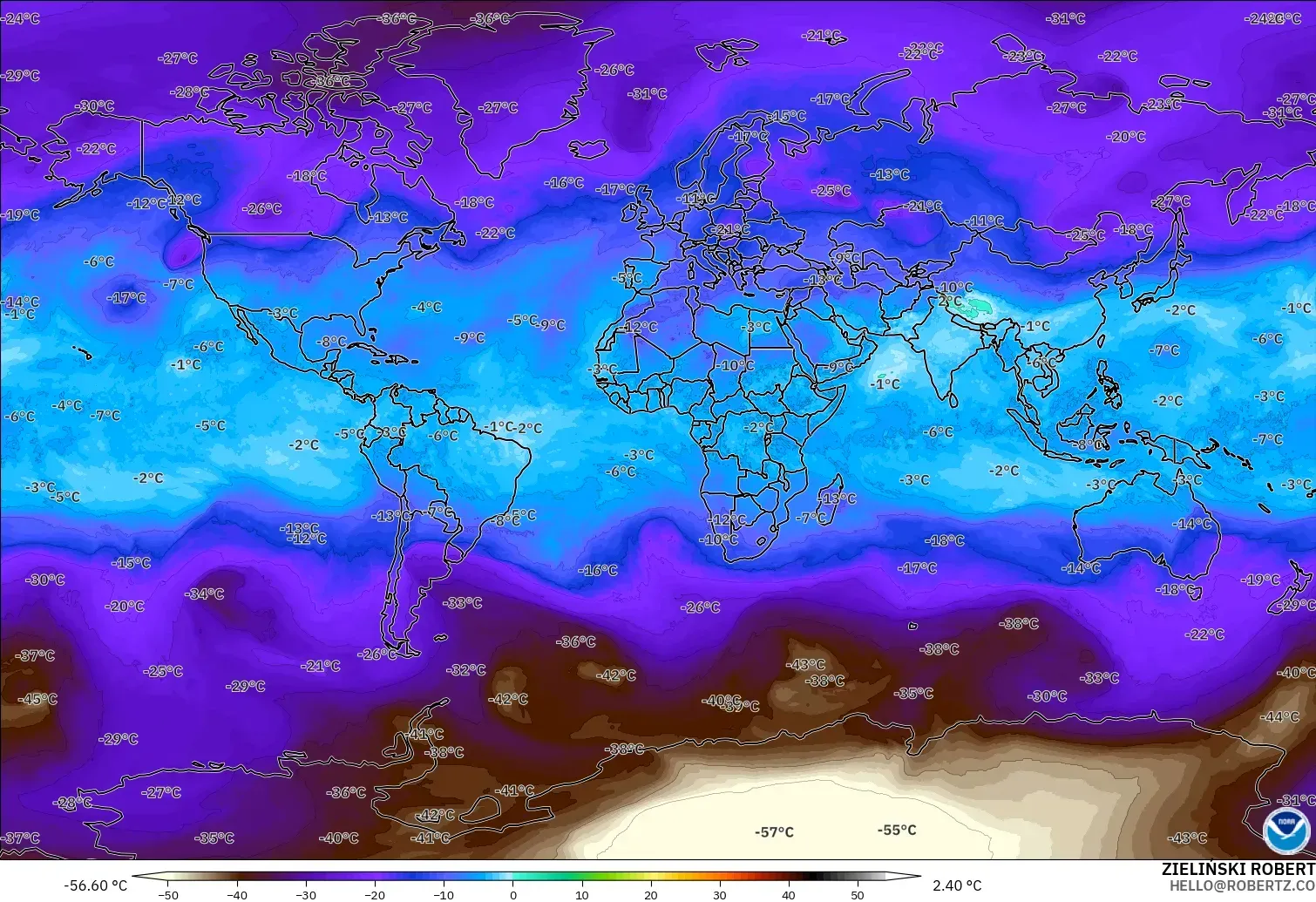 GFS モデル - 世界, 気温（500hPa）