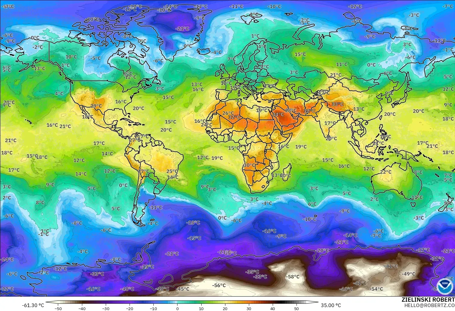 GFS モデル - 世界, 気温（850hPa）
