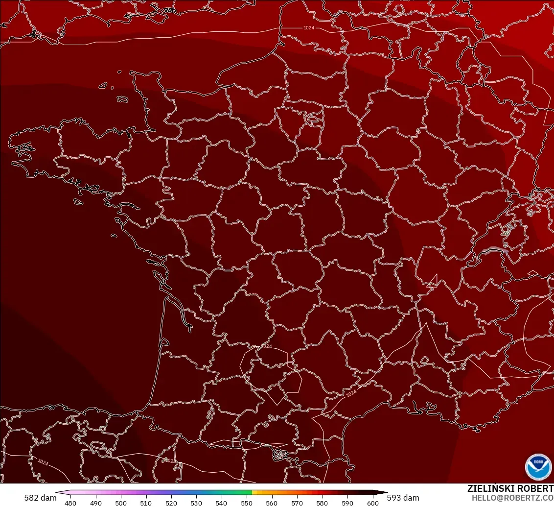 GFS モデル - フランス, 500hPaのジオポテンシャル高度