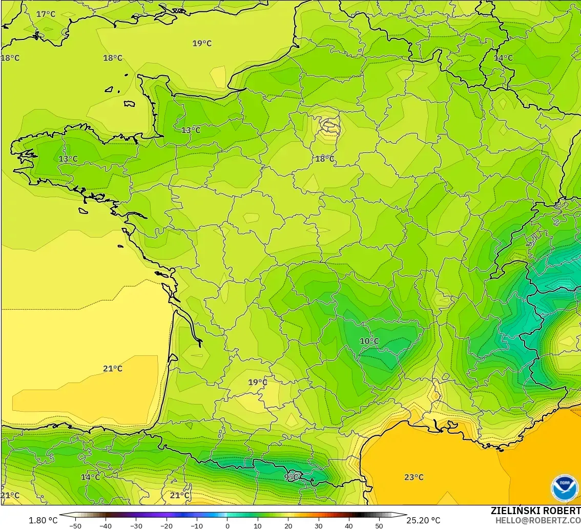 GFS モデル - フランス, 気温（2m）