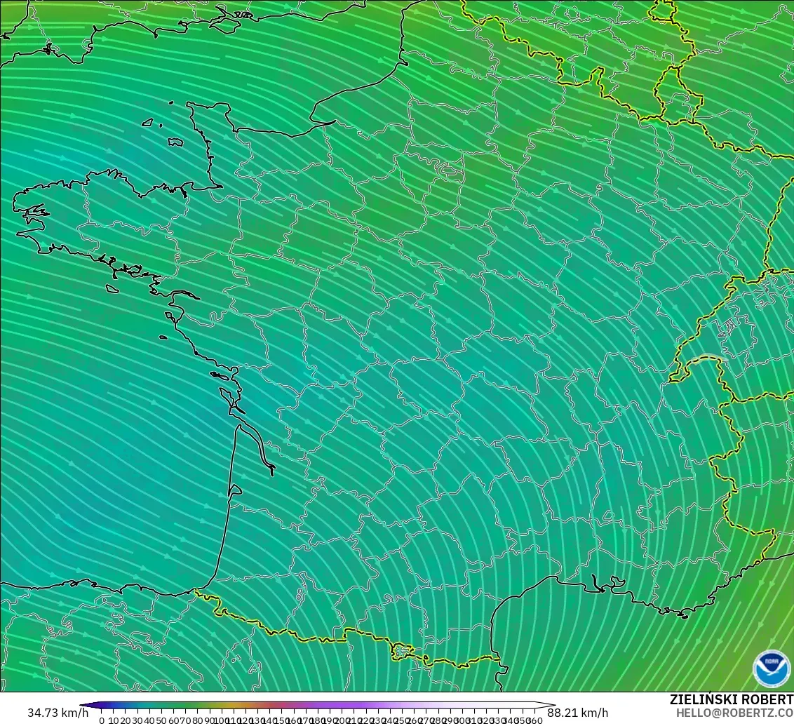 GFS モデル - フランス, 風速（300hPa）