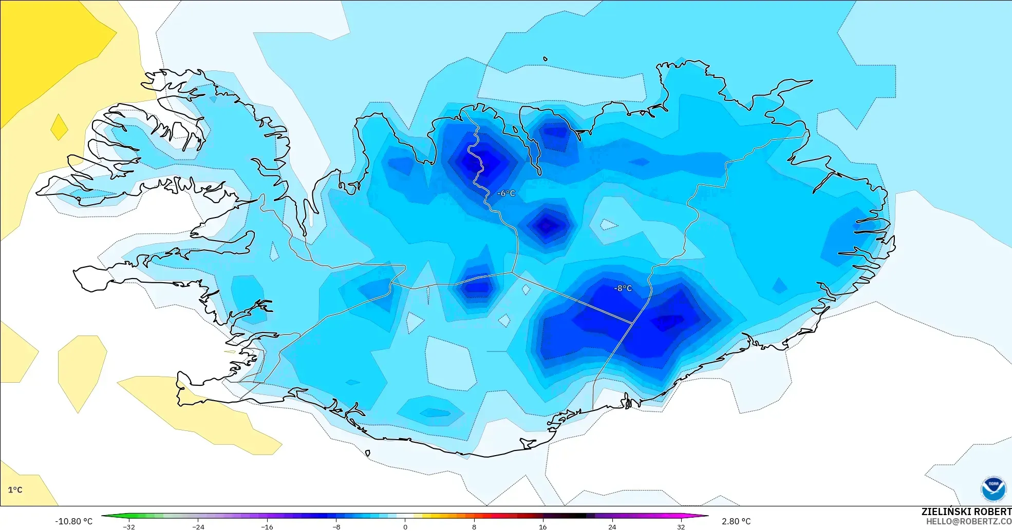 GFS モデル - アイスランド, 気温異常（2m）
